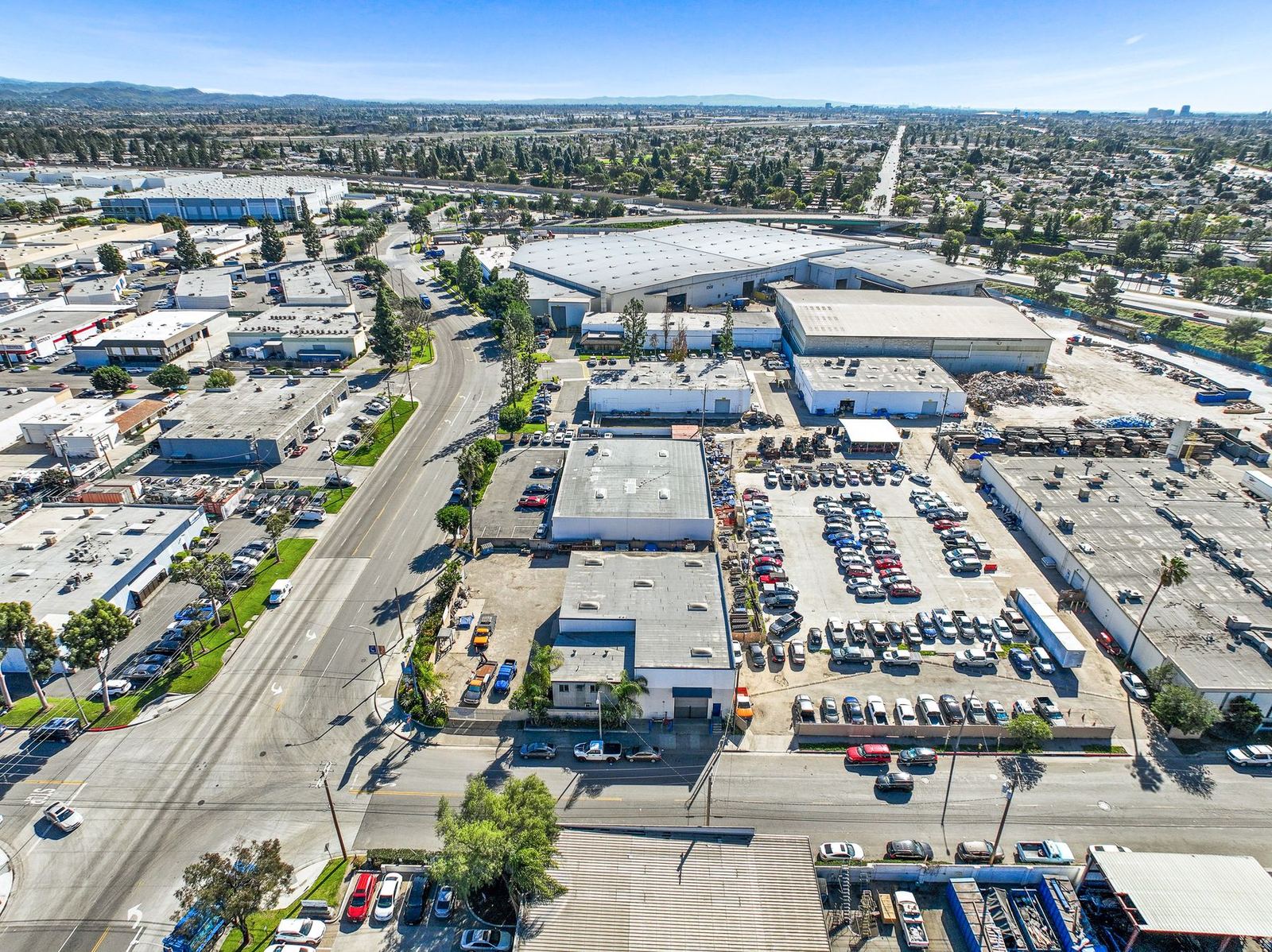 Aerial of 1193 N Blue Gum St — corner lot with 91 & 57 freeway access