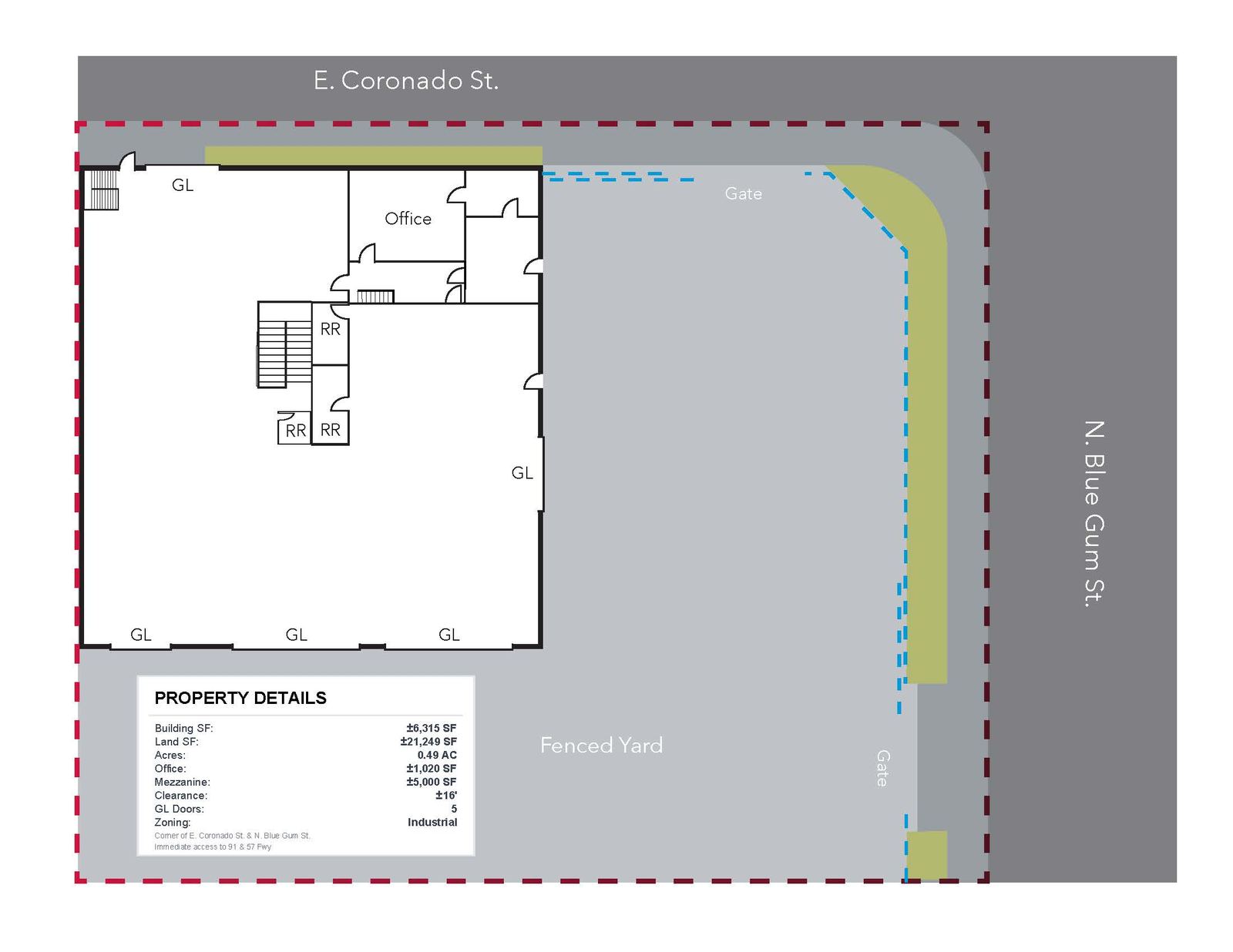Site plan for 1193 N Blue Gum St — building footprint, fenced yard, gates and grade-level doors